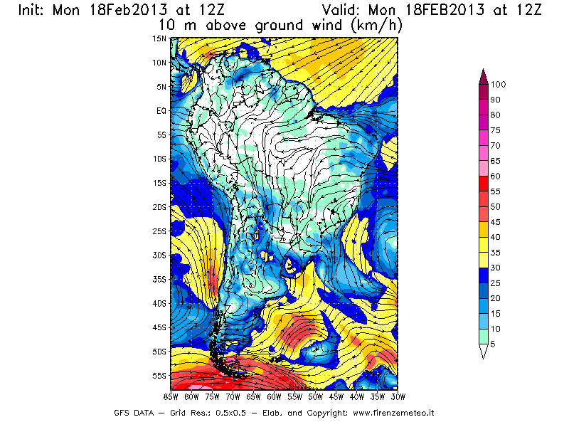 Mappa di analisi GFS - Velocità del vento a 10 metri dal suolo [km/h] in Sud-America
							del 18/02/2013 12 <!--googleoff: index-->UTC<!--googleon: index-->