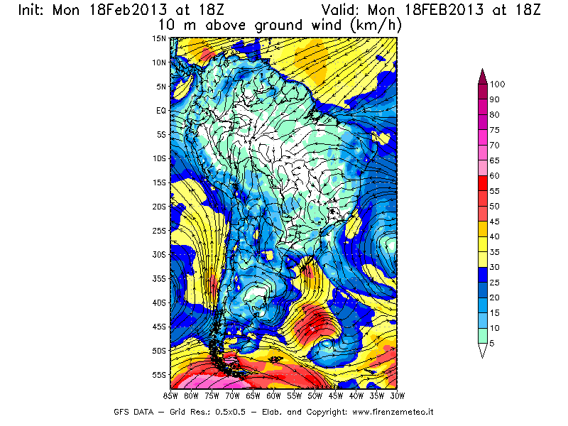 Mappa di analisi GFS - Velocità del vento a 10 metri dal suolo [km/h] in Sud-America
							del 18/02/2013 18 <!--googleoff: index-->UTC<!--googleon: index-->