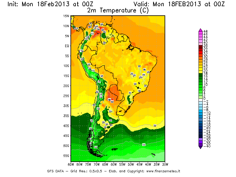 Mappa di analisi GFS - Temperatura a 2 metri dal suolo [°C] in Sud-America
							del 18/02/2013 00 <!--googleoff: index-->UTC<!--googleon: index-->