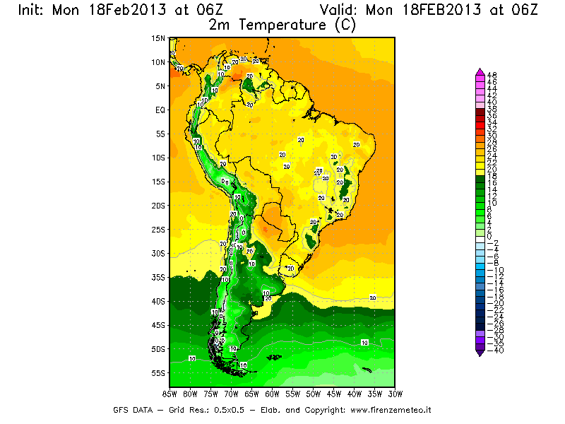 Mappa di analisi GFS - Temperatura a 2 metri dal suolo [°C] in Sud-America
							del 18/02/2013 06 <!--googleoff: index-->UTC<!--googleon: index-->