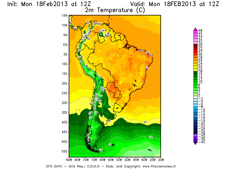 Mappa di analisi GFS - Temperatura a 2 metri dal suolo [°C] in Sud-America
							del 18/02/2013 12 <!--googleoff: index-->UTC<!--googleon: index-->