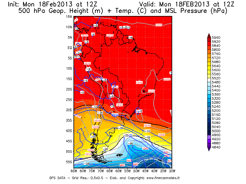 Mappa di analisi GFS - Geopotenziale [m] + Temp. [°C] a 500 hPa + Press. a livello del mare [hPa] in Sud-America
							del 18/02/2013 12 <!--googleoff: index-->UTC<!--googleon: index-->