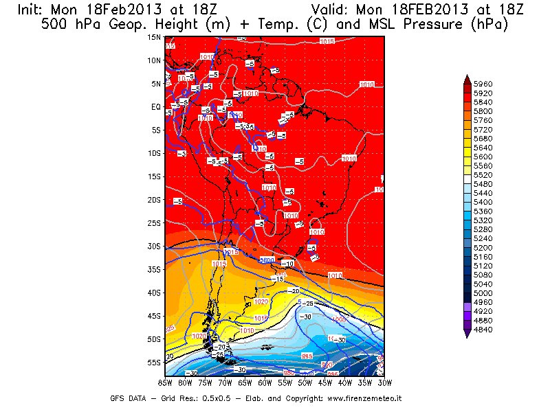 Mappa di analisi GFS - Geopotenziale [m] + Temp. [°C] a 500 hPa + Press. a livello del mare [hPa] in Sud-America
							del 18/02/2013 18 <!--googleoff: index-->UTC<!--googleon: index-->