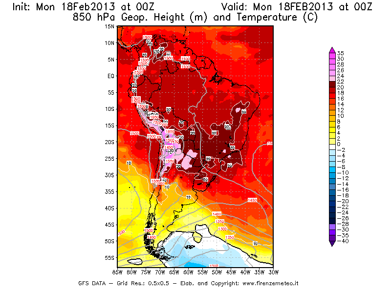 Mappa di analisi GFS - Geopotenziale [m] e Temperatura [°C] a 850 hPa in Sud-America
							del 18/02/2013 00 <!--googleoff: index-->UTC<!--googleon: index-->