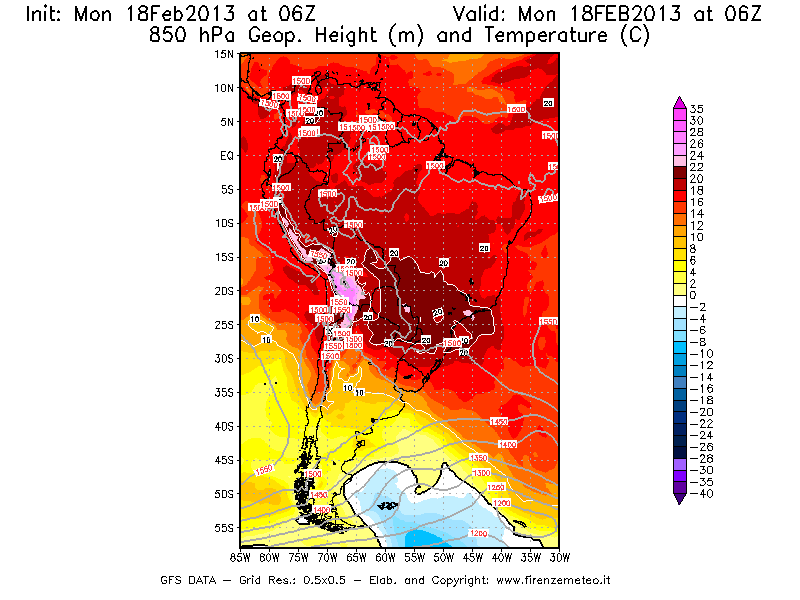 Mappa di analisi GFS - Geopotenziale [m] e Temperatura [°C] a 850 hPa in Sud-America
							del 18/02/2013 06 <!--googleoff: index-->UTC<!--googleon: index-->