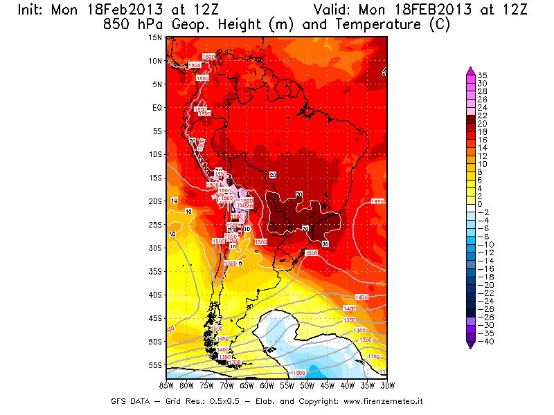 Mappa di analisi GFS - Geopotenziale [m] e Temperatura [°C] a 850 hPa in Sud-America
							del 18/02/2013 12 <!--googleoff: index-->UTC<!--googleon: index-->