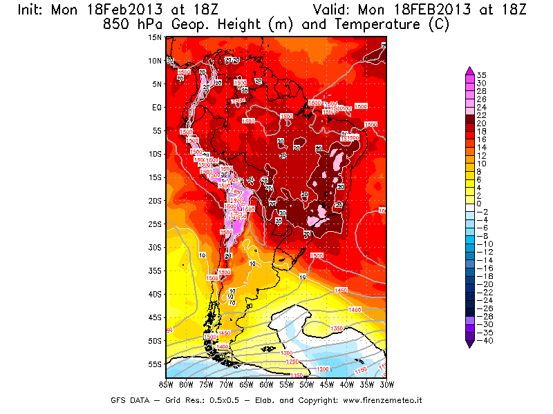 Mappa di analisi GFS - Geopotenziale [m] e Temperatura [°C] a 850 hPa in Sud-America
							del 18/02/2013 18 <!--googleoff: index-->UTC<!--googleon: index-->