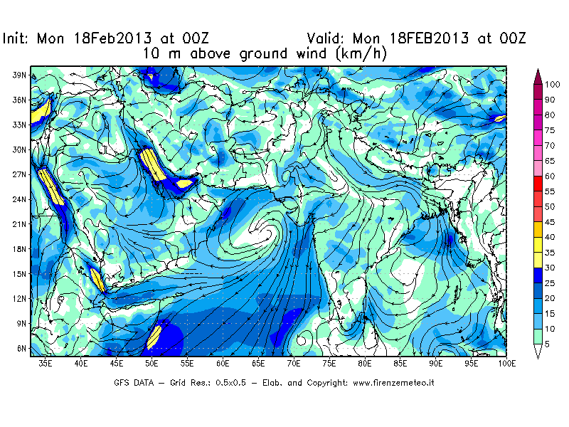 Mappa di analisi GFS - Velocità del vento a 10 metri dal suolo [km/h] in Asia Sud-Occidentale
							del 18/02/2013 00 <!--googleoff: index-->UTC<!--googleon: index-->