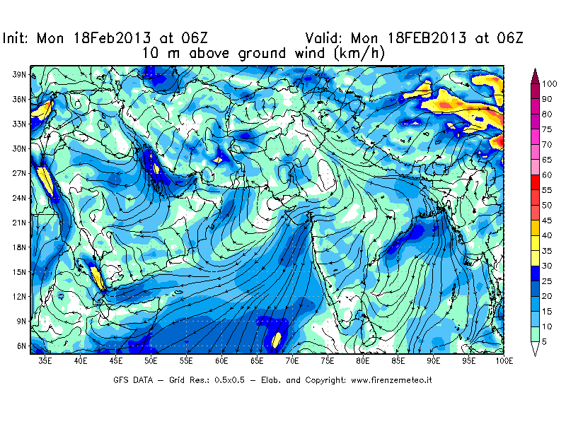 Mappa di analisi GFS - Velocità del vento a 10 metri dal suolo [km/h] in Asia Sud-Occidentale
							del 18/02/2013 06 <!--googleoff: index-->UTC<!--googleon: index-->