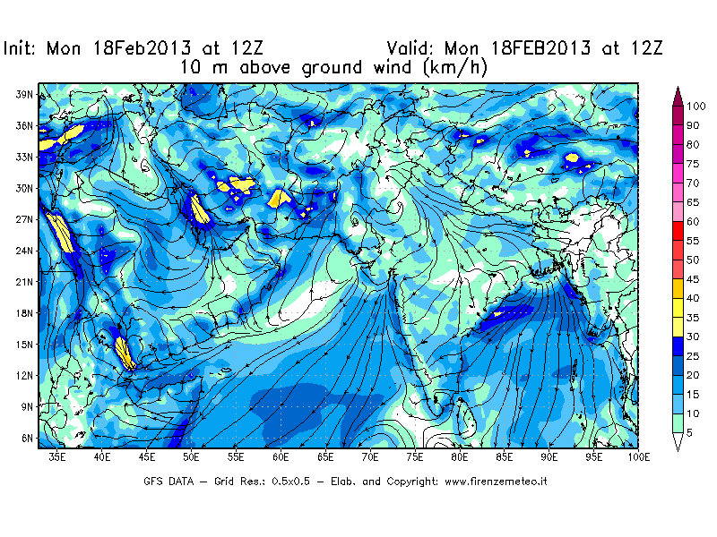 Mappa di analisi GFS - Velocità del vento a 10 metri dal suolo [km/h] in Asia Sud-Occidentale
							del 18/02/2013 12 <!--googleoff: index-->UTC<!--googleon: index-->