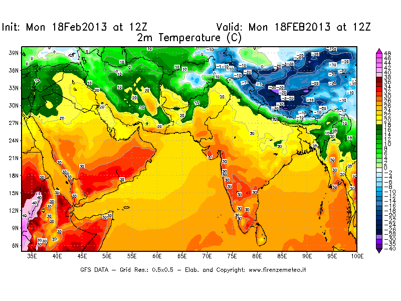 Mappa di analisi GFS - Temperatura a 2 metri dal suolo [°C] in Asia Sud-Occidentale
							del 18/02/2013 12 <!--googleoff: index-->UTC<!--googleon: index-->