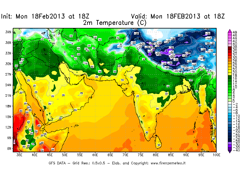 Mappa di analisi GFS - Temperatura a 2 metri dal suolo [°C] in Asia Sud-Occidentale
							del 18/02/2013 18 <!--googleoff: index-->UTC<!--googleon: index-->