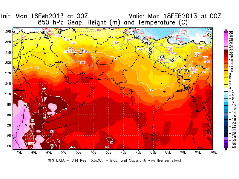 Mappa di analisi GFS - Geopotenziale [m] e Temperatura [°C] a 850 hPa in Asia Sud-Occidentale
							del 18/02/2013 00 <!--googleoff: index-->UTC<!--googleon: index-->