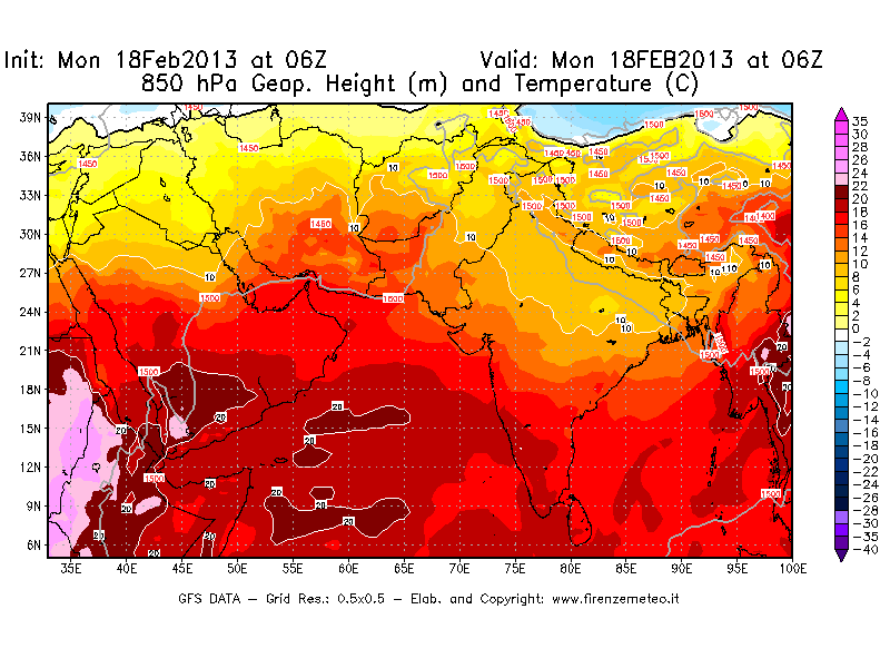 Mappa di analisi GFS - Geopotenziale [m] e Temperatura [°C] a 850 hPa in Asia Sud-Occidentale
							del 18/02/2013 06 <!--googleoff: index-->UTC<!--googleon: index-->