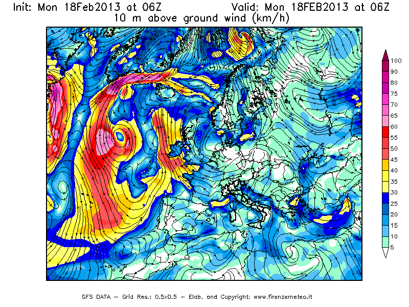 Mappa di analisi GFS - Velocità del vento a 10 metri dal suolo [km/h] in Europa
							del 18/02/2013 06 <!--googleoff: index-->UTC<!--googleon: index-->