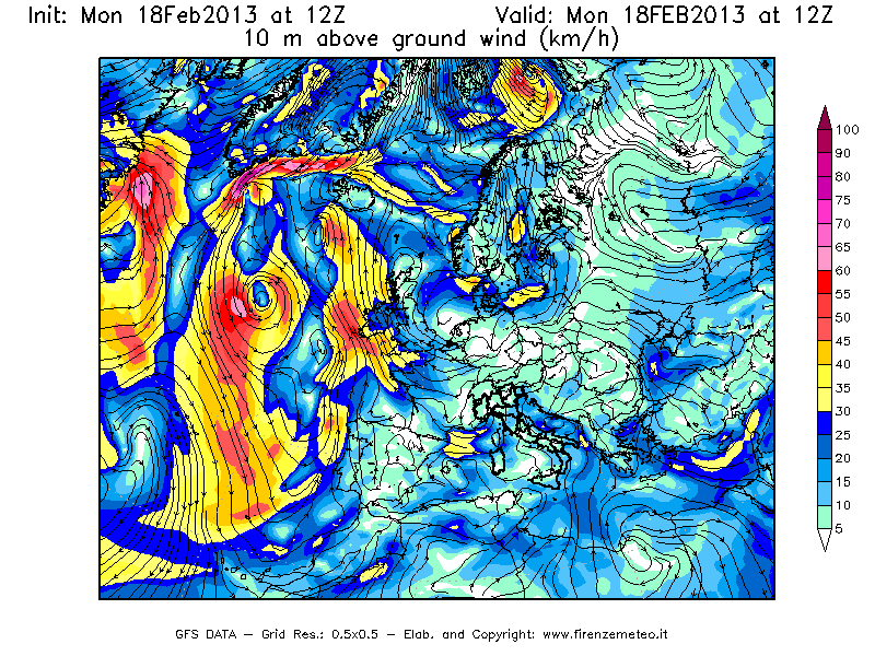Mappa di analisi GFS - Velocità del vento a 10 metri dal suolo [km/h] in Europa
							del 18/02/2013 12 <!--googleoff: index-->UTC<!--googleon: index-->