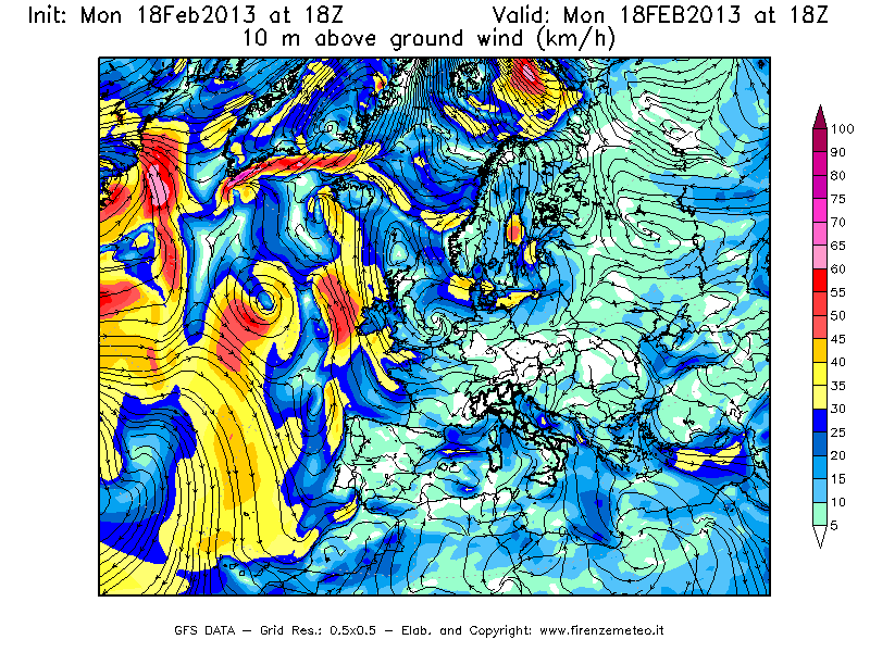 Mappa di analisi GFS - Velocità del vento a 10 metri dal suolo [km/h] in Europa
							del 18/02/2013 18 <!--googleoff: index-->UTC<!--googleon: index-->