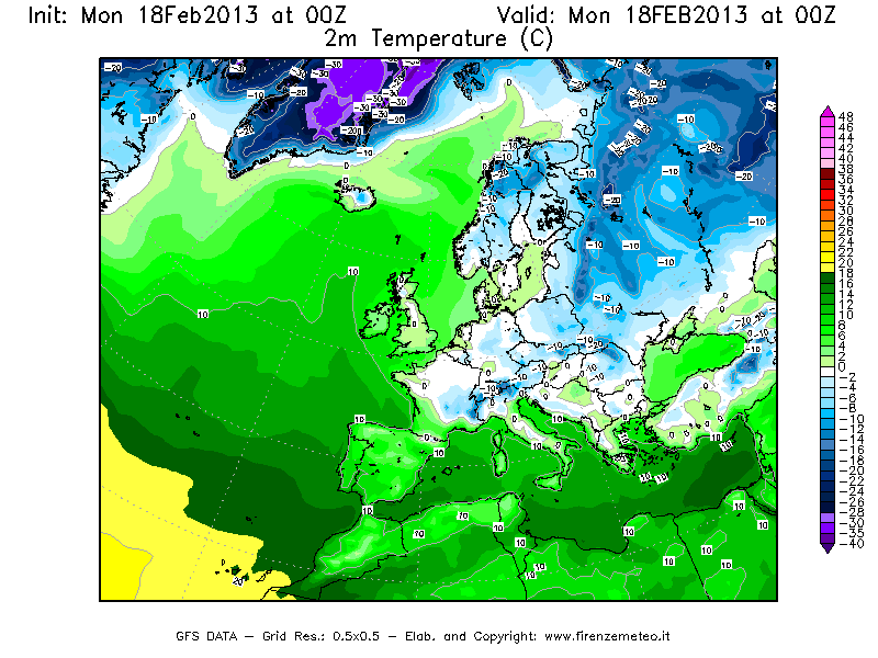 Mappa di analisi GFS - Temperatura a 2 metri dal suolo [°C] in Europa
							del 18/02/2013 00 <!--googleoff: index-->UTC<!--googleon: index-->