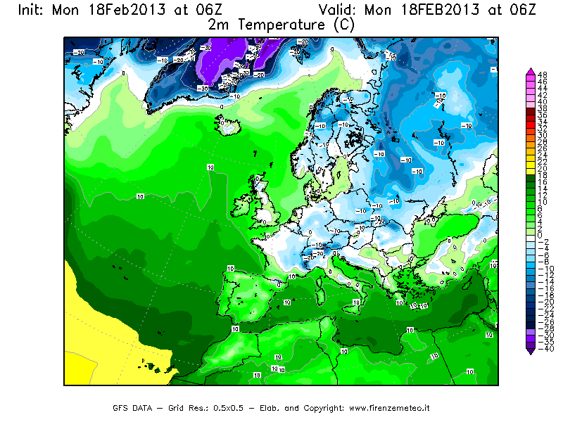 Mappa di analisi GFS - Temperatura a 2 metri dal suolo [°C] in Europa
							del 18/02/2013 06 <!--googleoff: index-->UTC<!--googleon: index-->