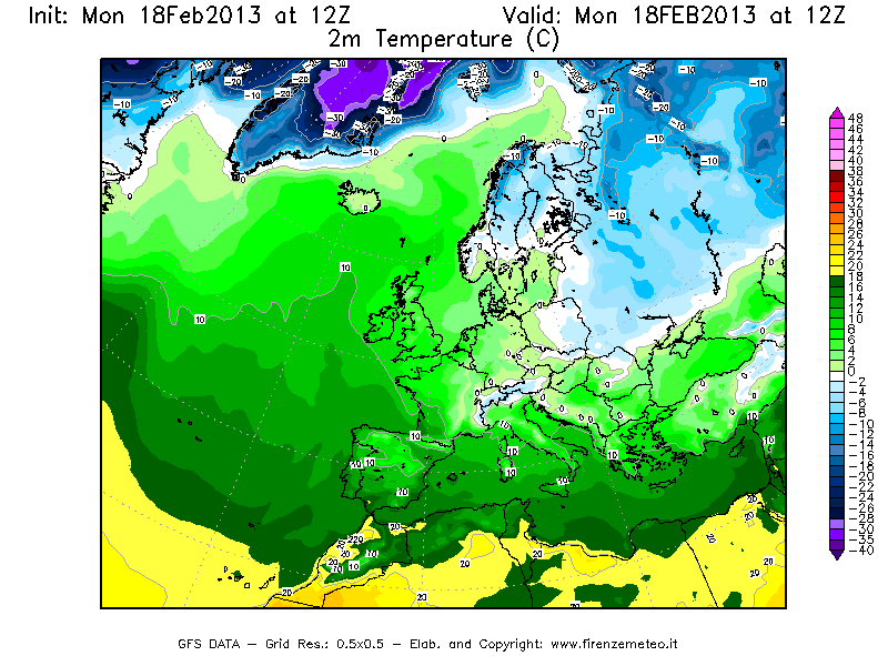 Mappa di analisi GFS - Temperatura a 2 metri dal suolo [°C] in Europa
							del 18/02/2013 12 <!--googleoff: index-->UTC<!--googleon: index-->