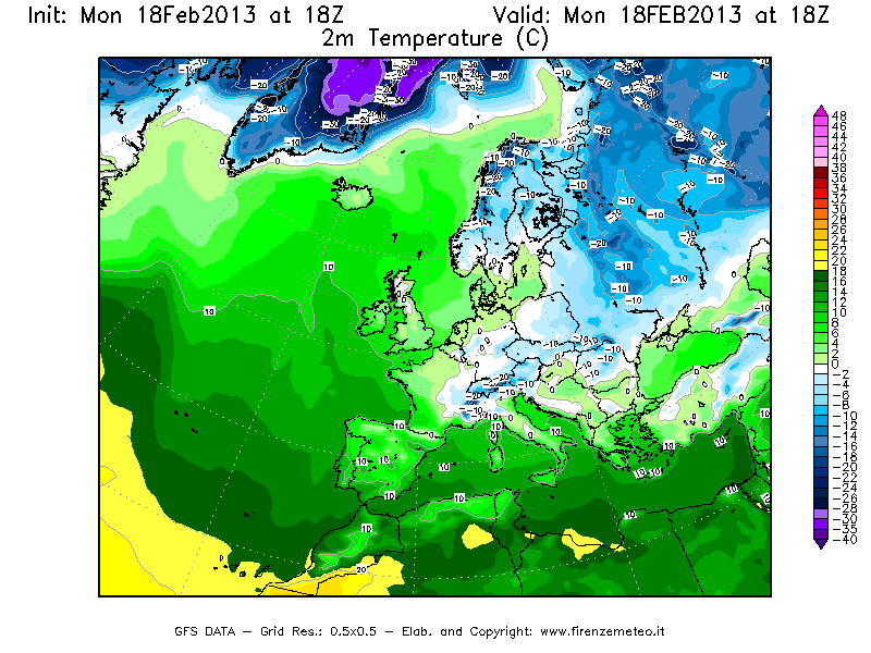 Mappa di analisi GFS - Temperatura a 2 metri dal suolo [°C] in Europa
							del 18/02/2013 18 <!--googleoff: index-->UTC<!--googleon: index-->