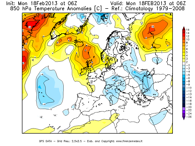 Mappa di analisi GFS - Anomalia Temperatura [°C] a 850 hPa in Europa
							del 18/02/2013 06 <!--googleoff: index-->UTC<!--googleon: index-->