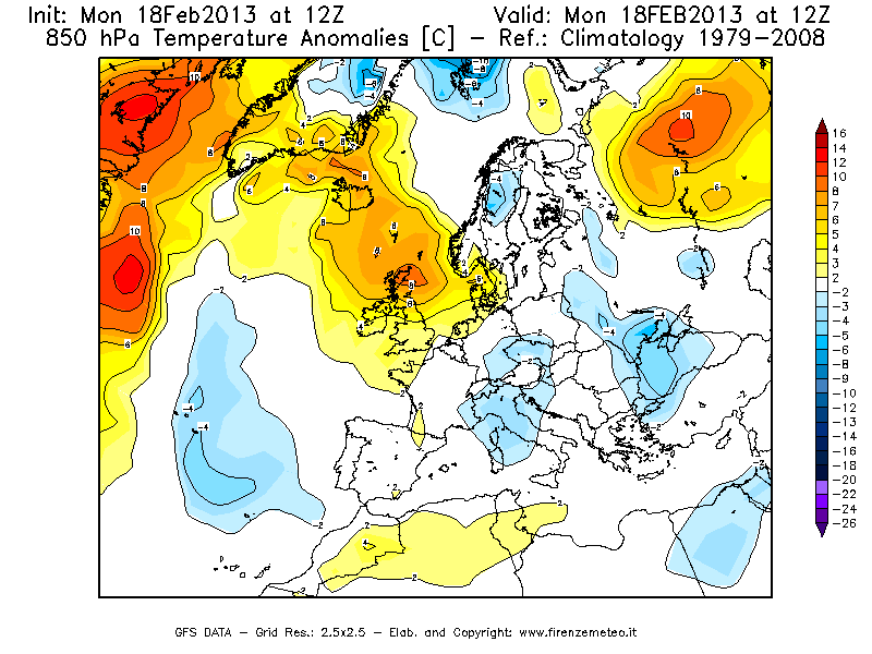 Mappa di analisi GFS - Anomalia Temperatura [°C] a 850 hPa in Europa
							del 18/02/2013 12 <!--googleoff: index-->UTC<!--googleon: index-->