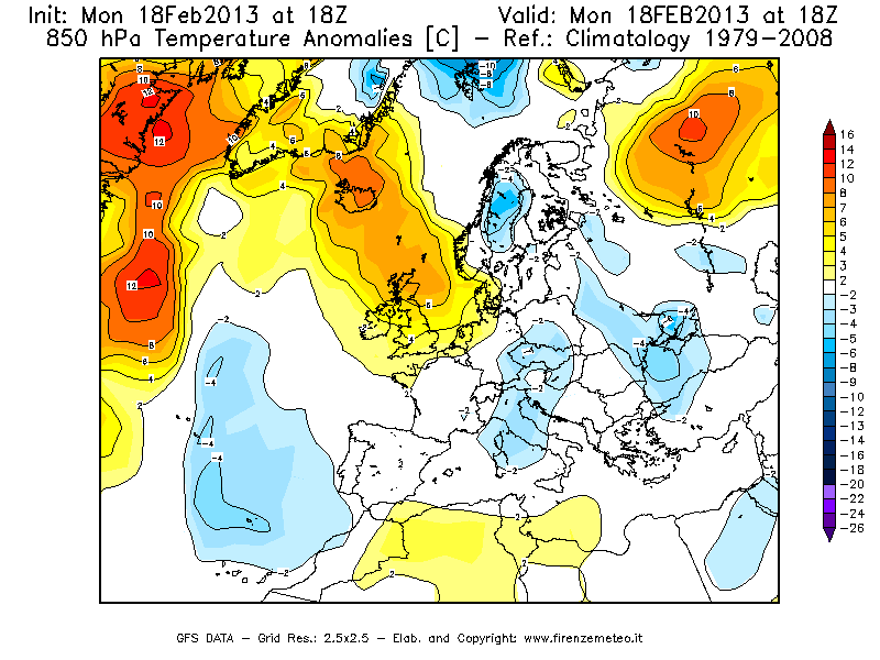 Mappa di analisi GFS - Anomalia Temperatura [°C] a 850 hPa in Europa
							del 18/02/2013 18 <!--googleoff: index-->UTC<!--googleon: index-->