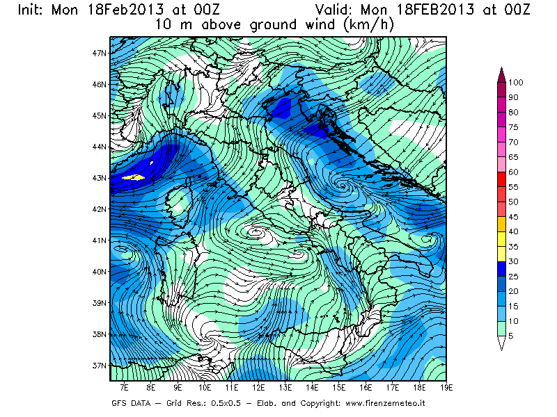 Mappa di analisi GFS - Velocità del vento a 10 metri dal suolo [km/h] in Italia
							del 18/02/2013 00 <!--googleoff: index-->UTC<!--googleon: index-->