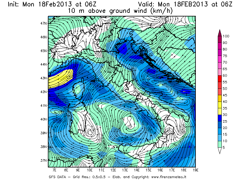 Mappa di analisi GFS - Velocità del vento a 10 metri dal suolo [km/h] in Italia
							del 18/02/2013 06 <!--googleoff: index-->UTC<!--googleon: index-->
