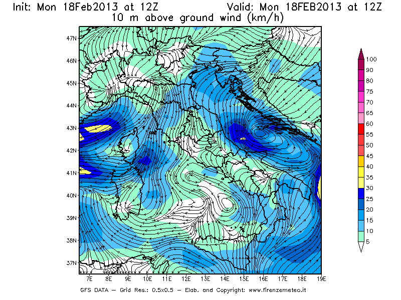 Mappa di analisi GFS - Velocità del vento a 10 metri dal suolo [km/h] in Italia
							del 18/02/2013 12 <!--googleoff: index-->UTC<!--googleon: index-->