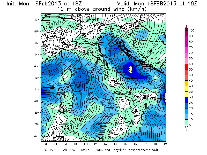 Mappa di analisi GFS - Velocità del vento a 10 metri dal suolo [km/h] in Italia
							del 18/02/2013 18 <!--googleoff: index-->UTC<!--googleon: index-->