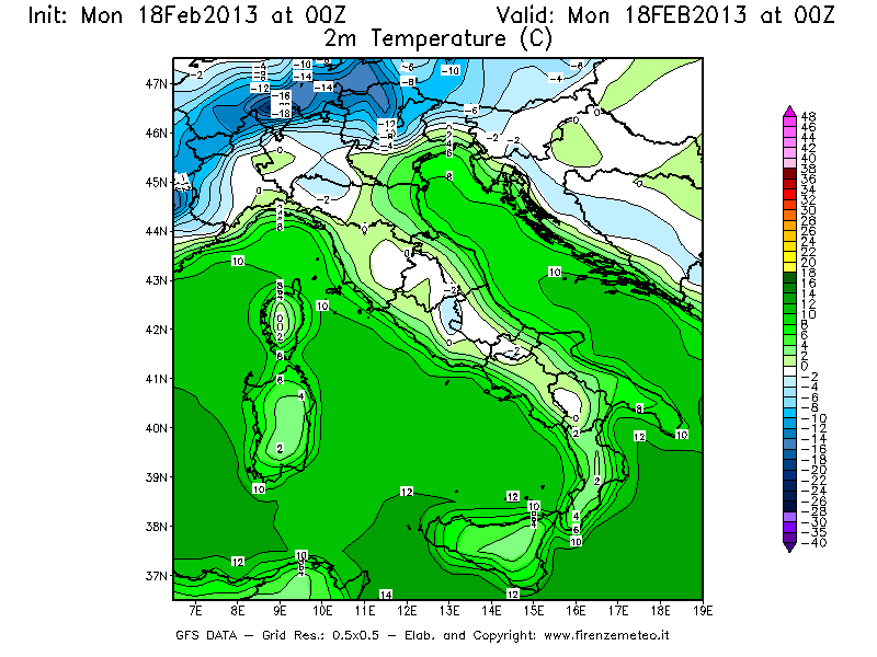 Mappa di analisi GFS - Temperatura a 2 metri dal suolo [°C] in Italia
							del 18/02/2013 00 <!--googleoff: index-->UTC<!--googleon: index-->