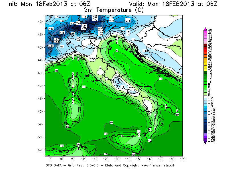 Mappa di analisi GFS - Temperatura a 2 metri dal suolo [°C] in Italia
							del 18/02/2013 06 <!--googleoff: index-->UTC<!--googleon: index-->
