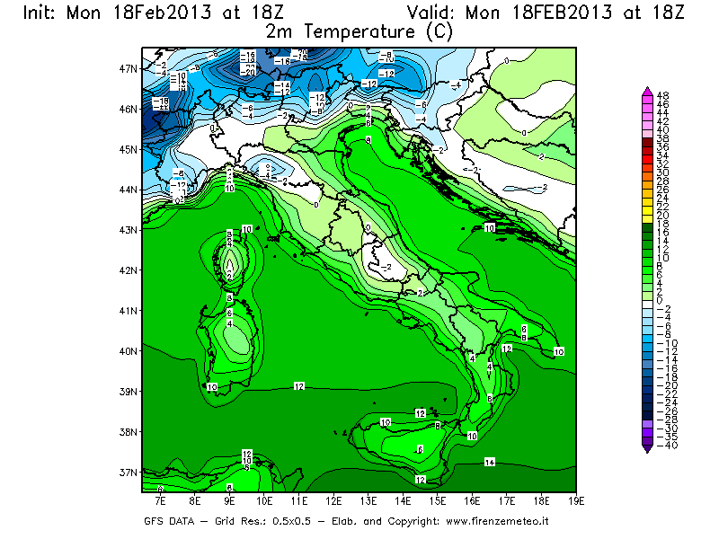 Mappa di analisi GFS - Temperatura a 2 metri dal suolo [°C] in Italia
							del 18/02/2013 18 <!--googleoff: index-->UTC<!--googleon: index-->
