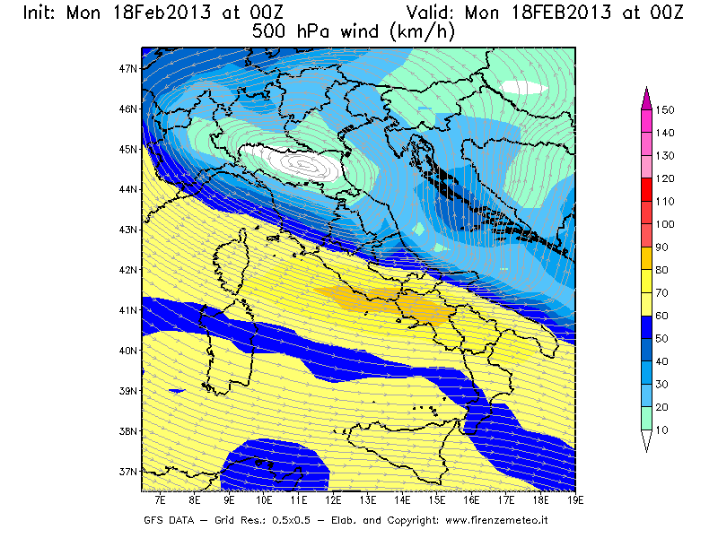 Mappa di analisi GFS - Velocità del vento a 500 hPa [km/h] in Italia
							del 18/02/2013 00 <!--googleoff: index-->UTC<!--googleon: index-->