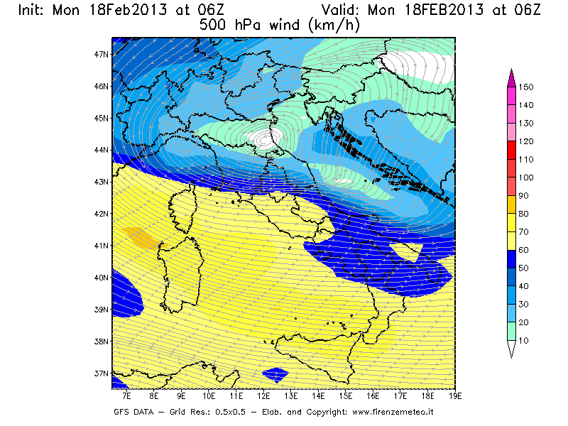 Mappa di analisi GFS - Velocità del vento a 500 hPa [km/h] in Italia
							del 18/02/2013 06 <!--googleoff: index-->UTC<!--googleon: index-->
