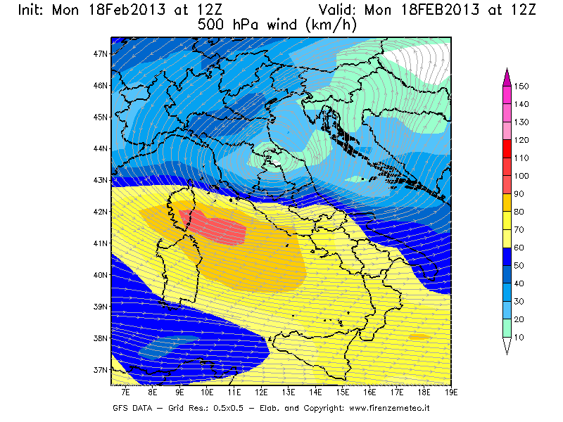 Mappa di analisi GFS - Velocità del vento a 500 hPa [km/h] in Italia
							del 18/02/2013 12 <!--googleoff: index-->UTC<!--googleon: index-->