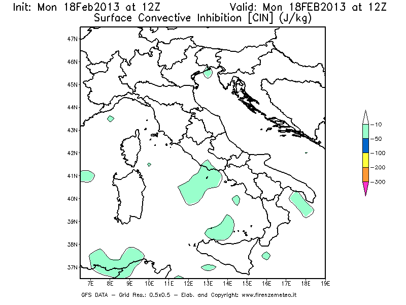 Mappa di analisi GFS - CIN [J/kg] in Italia
							del 18/02/2013 12 <!--googleoff: index-->UTC<!--googleon: index-->