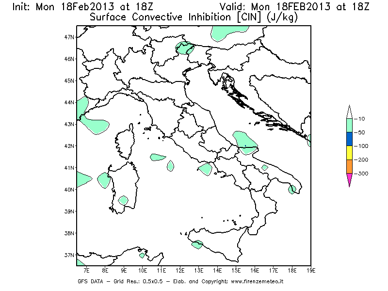 Mappa di analisi GFS - CIN [J/kg] in Italia
							del 18/02/2013 18 <!--googleoff: index-->UTC<!--googleon: index-->