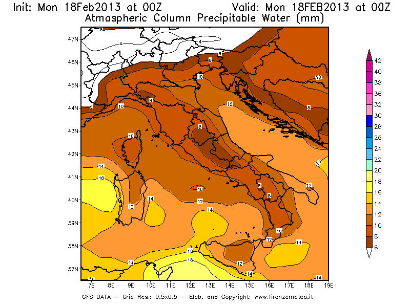 Mappa di analisi GFS - Precipitable Water [mm] in Italia
							del 18/02/2013 00 <!--googleoff: index-->UTC<!--googleon: index-->