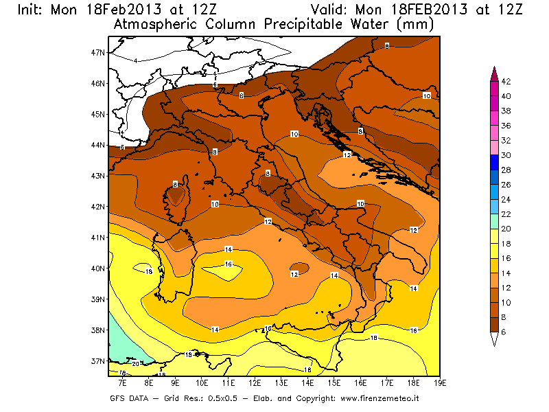 Mappa di analisi GFS - Precipitable Water [mm] in Italia
							del 18/02/2013 12 <!--googleoff: index-->UTC<!--googleon: index-->