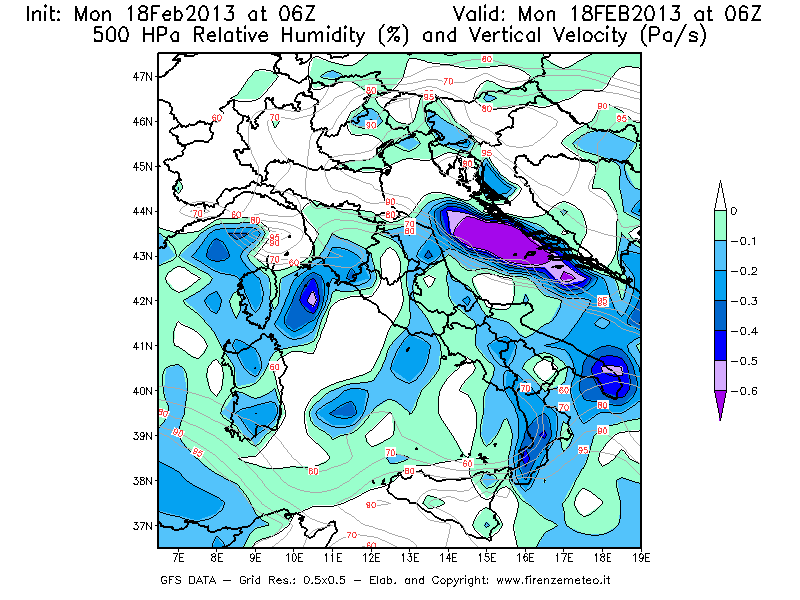 Mappa di analisi GFS - Umidità relativa [%] e Omega [Pa/s] a 500 hPa in Italia
							del 18/02/2013 06 <!--googleoff: index-->UTC<!--googleon: index-->