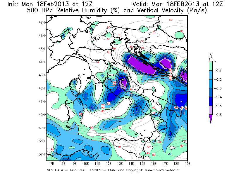 Mappa di analisi GFS - Umidità relativa [%] e Omega [Pa/s] a 500 hPa in Italia
							del 18/02/2013 12 <!--googleoff: index-->UTC<!--googleon: index-->