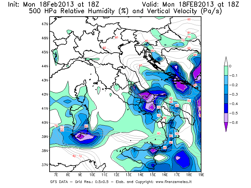 Mappa di analisi GFS - Umidità relativa [%] e Omega [Pa/s] a 500 hPa in Italia
							del 18/02/2013 18 <!--googleoff: index-->UTC<!--googleon: index-->