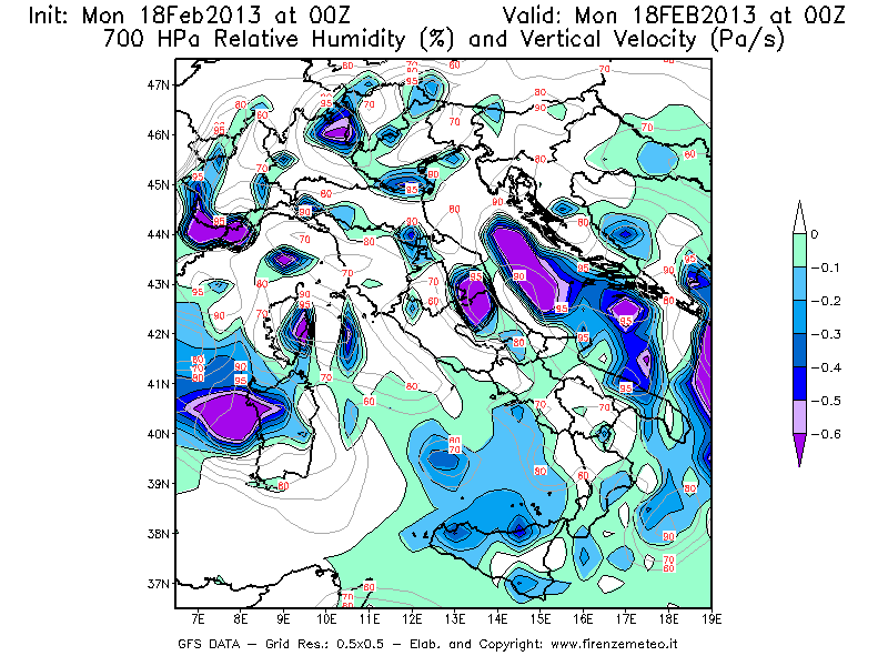Mappa di analisi GFS - Umidità relativa [%] e Omega [Pa/s] a 700 hPa in Italia
							del 18/02/2013 00 <!--googleoff: index-->UTC<!--googleon: index-->
