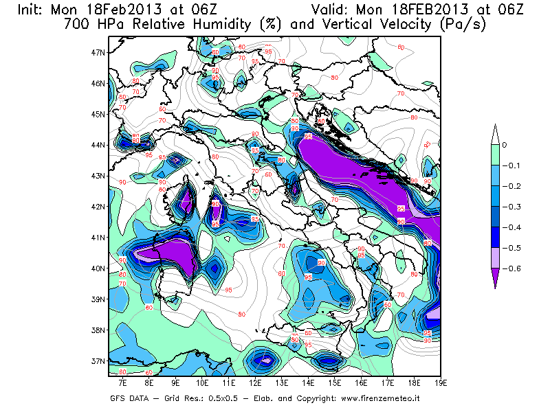 Mappa di analisi GFS - Umidità relativa [%] e Omega [Pa/s] a 700 hPa in Italia
							del 18/02/2013 06 <!--googleoff: index-->UTC<!--googleon: index-->