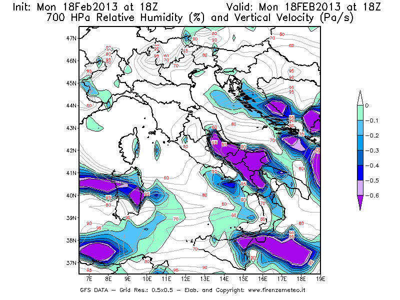 Mappa di analisi GFS - Umidità relativa [%] e Omega [Pa/s] a 700 hPa in Italia
							del 18/02/2013 18 <!--googleoff: index-->UTC<!--googleon: index-->