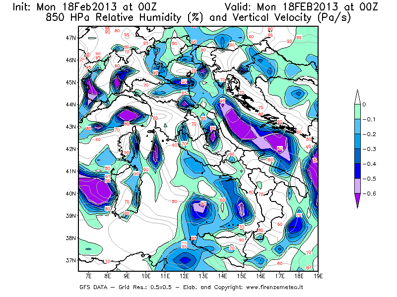 Mappa di analisi GFS - Umidità relativa [%] e Omega [Pa/s] a 850 hPa in Italia
							del 18/02/2013 00 <!--googleoff: index-->UTC<!--googleon: index-->