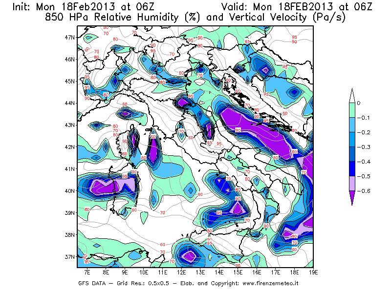 Mappa di analisi GFS - Umidità relativa [%] e Omega [Pa/s] a 850 hPa in Italia
							del 18/02/2013 06 <!--googleoff: index-->UTC<!--googleon: index-->